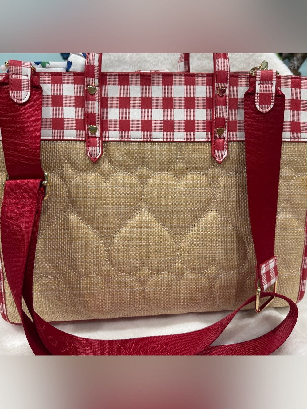 NWT Betsey Johnson Red Gingham & Natural Straw Tote Bag with Heart Quilting
